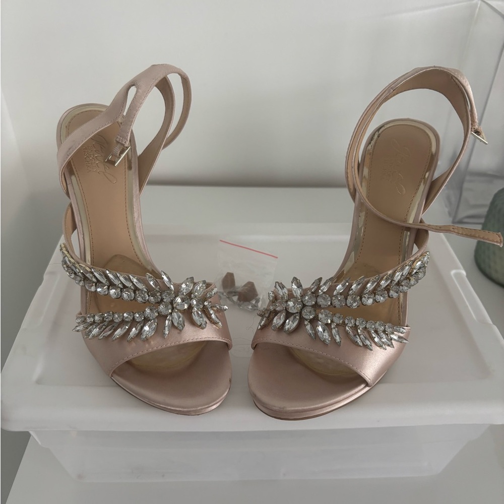 Badgley Mischka Metallic Pink Gold Heels with Station and Jewel Accents Wedding - Picture 3 of 4
